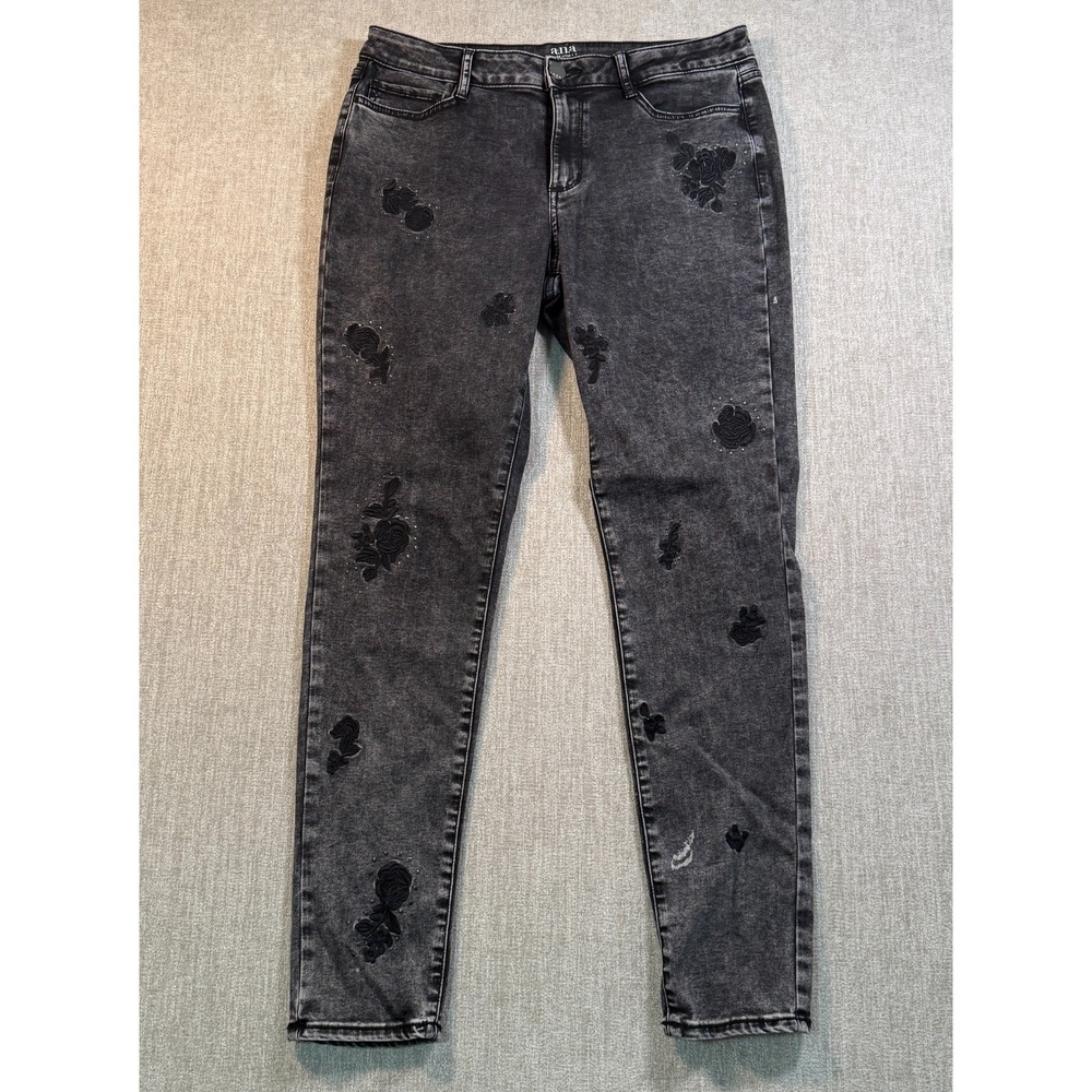 ana A New Approach Mid Rise Jegging Skinny Stretch Floral Embroidery Black Jeans